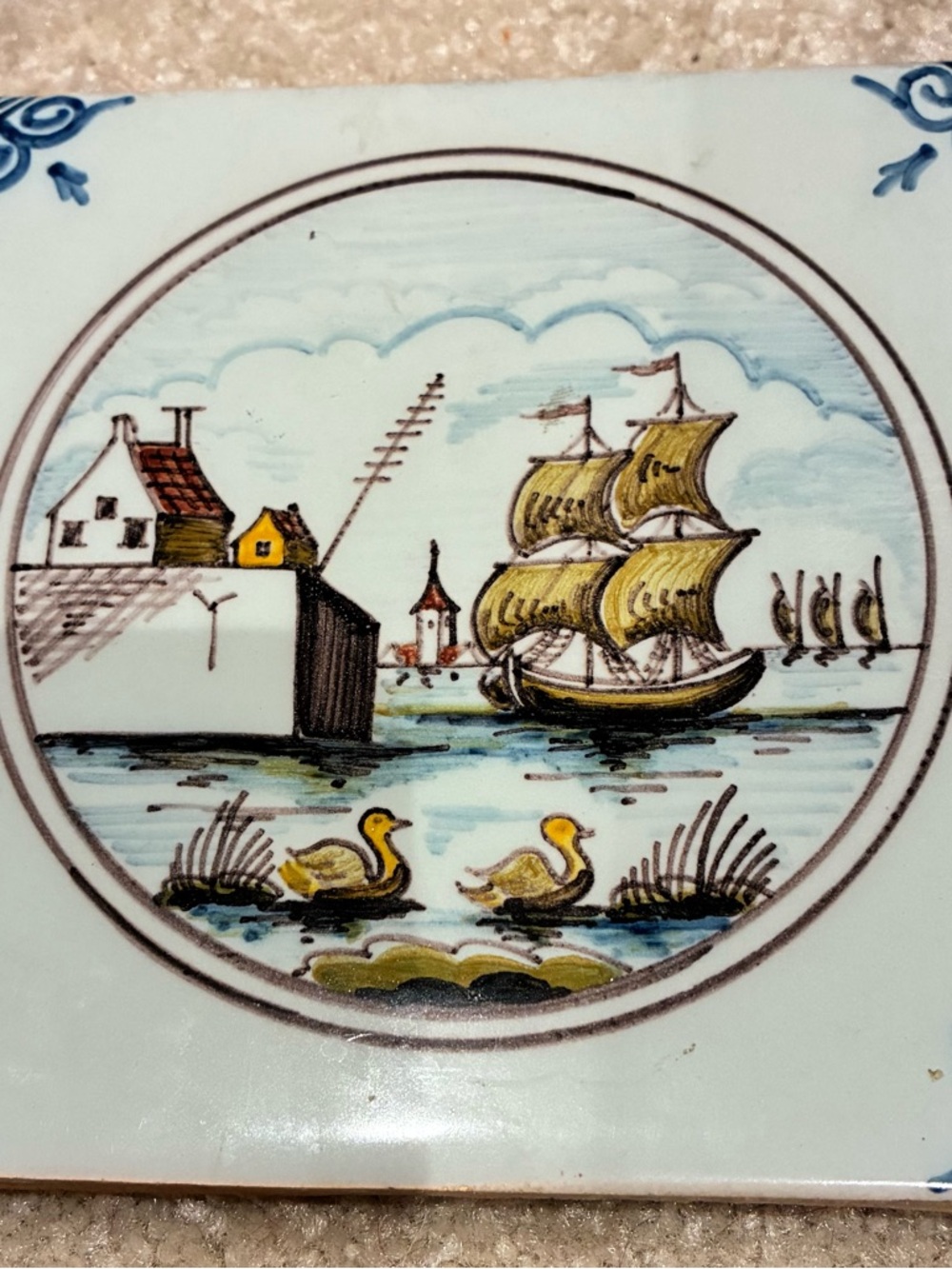 Delft Hand-Painted Ceramic Nautical Tile Wall Art in Yellow and Blue